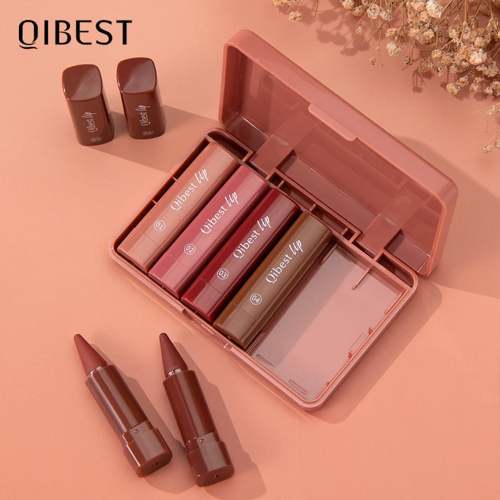 QIBEST Tapered Gradient Lip Liner Lipstick Sets Matte Nude Brown Red Lipstick Waterproof Contouring Tint Lipliner Lasting Makeup Qme