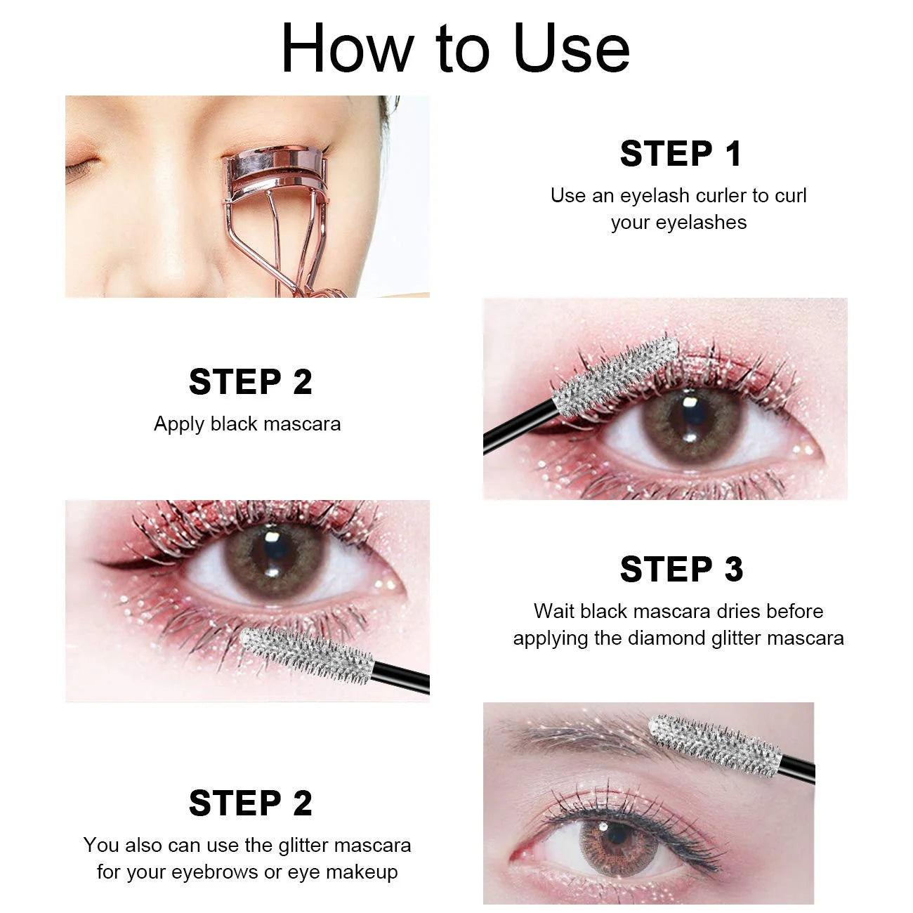 Diamond Glitter Mascara Fast Dry Eyelashes Curling Extension Makeup Waterproof Long-lasting Lengthens Eye Lash Black 4D Mascara Qme