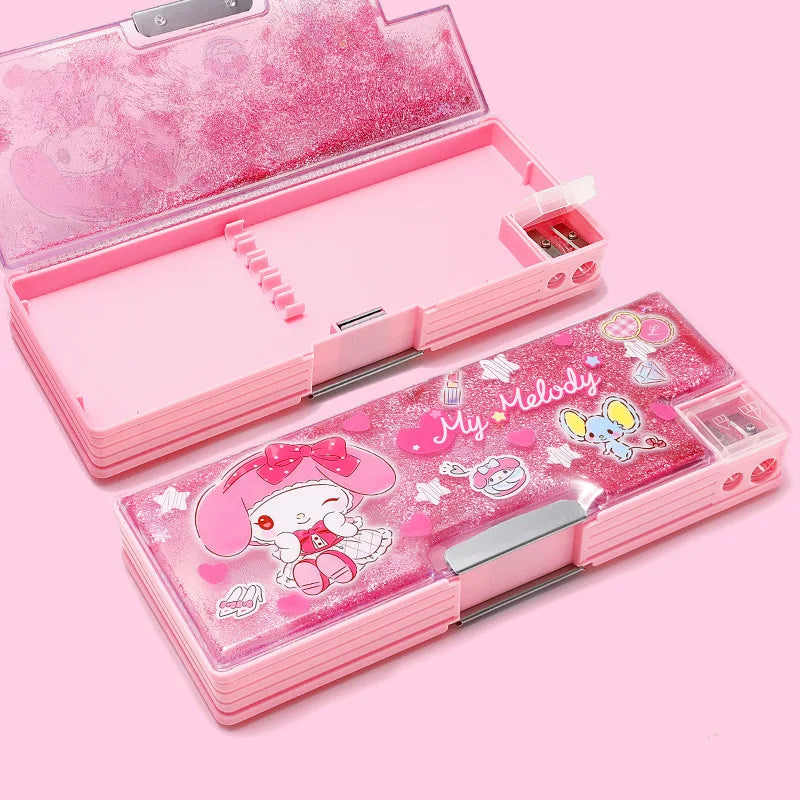 Kuroomi Pencil Case, Student Double-Sided Magnetic Clasp Pencil Case, Melody Cartoon Pencil Sharpener, Flowing Sand Pencil Case Qme 2