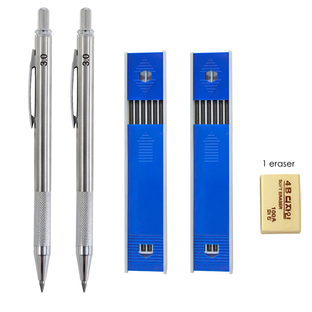 Mechanical Pencil Set 3.0mm Full Metal Art Drawing Painting Automatic Pencil with Leads Office School Supply Qme 2Pen 2refill 1er A