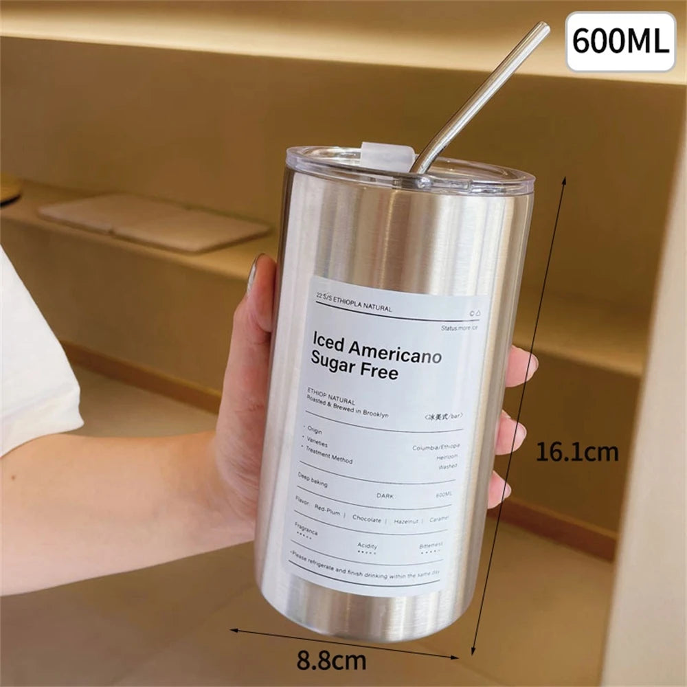 Thermos Portable Stainless Steel Coffee Cup Bottle Straw Insulation Qme WHITE 600ml