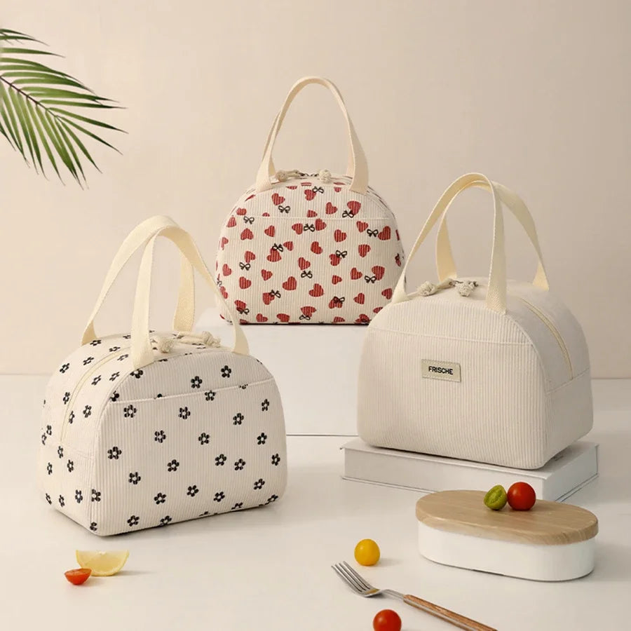 Corduroy Lunch Bag Portable Thermal Insulation Women's Cute Print Large Capacity Picnic Bento Box Handbag for Lunch Storage Qme