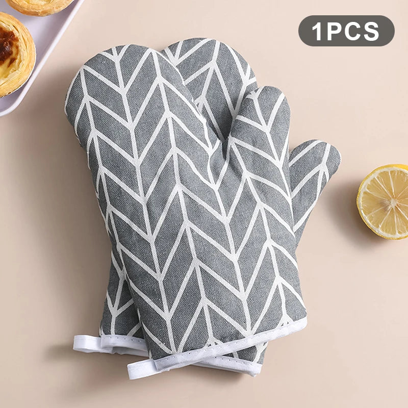Oven Baking Gloves Mitts Microwave High-temperature Resistant Cotton Qme Gray