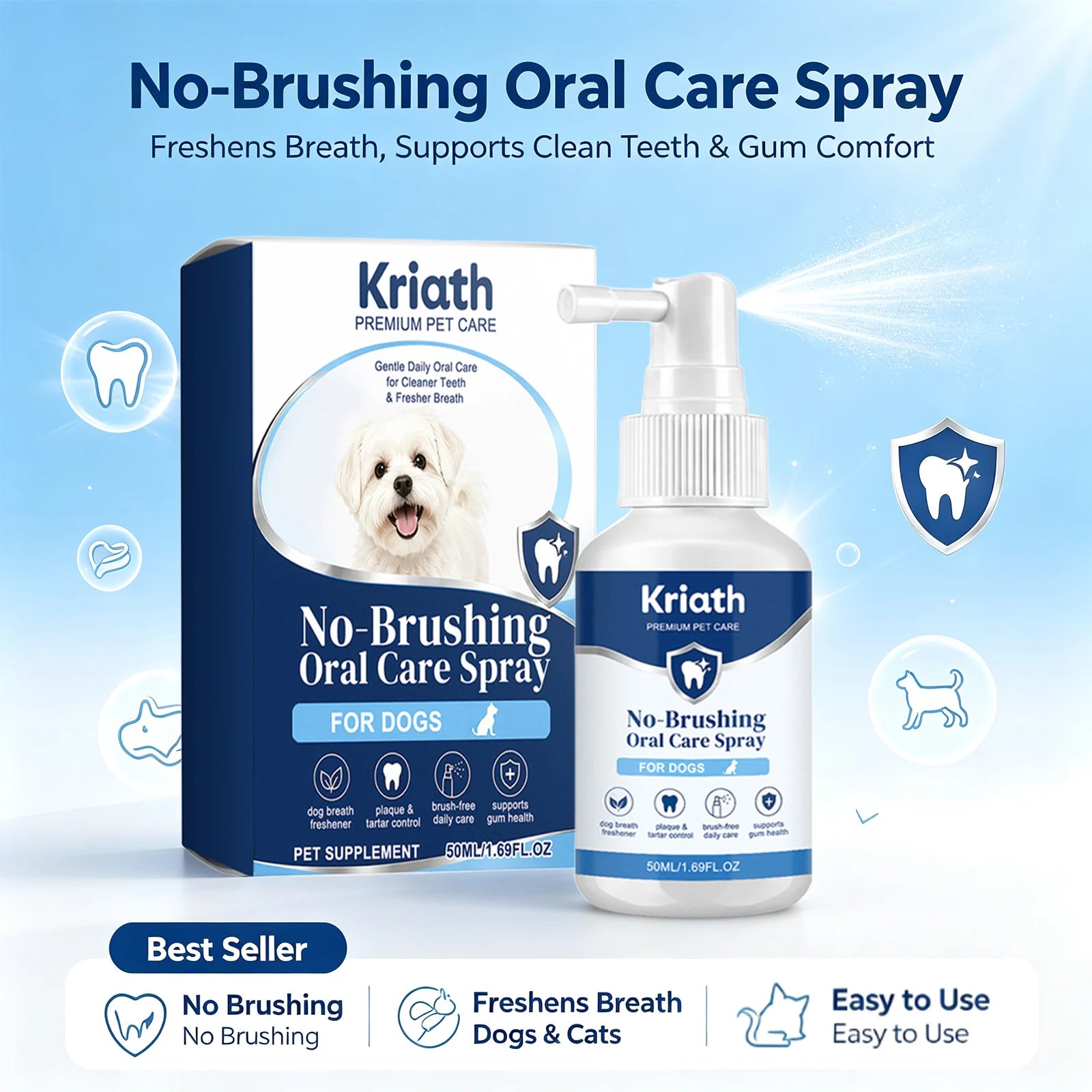 Dog Oral Care Spray Reducing Plaque & Tartar Accumulation Eliminating Bad Breath Soothing Gums Daily Pet Dental Cleaning Spray Qme