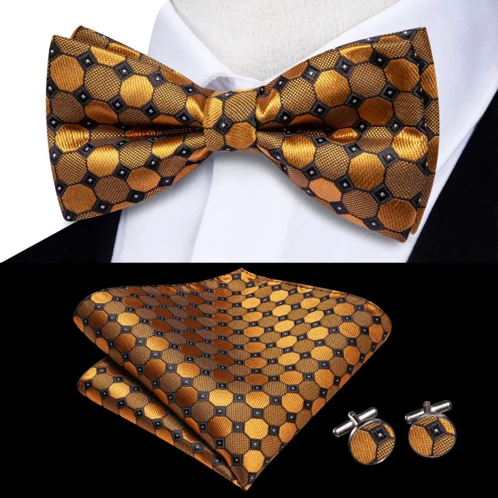 Hi-tie Striped Black Red Mens Bow Tie Hankerchief Cufflink Pre-tied