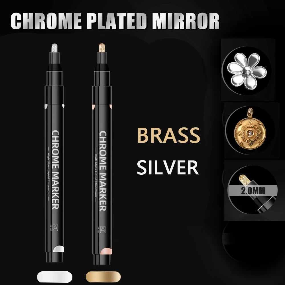 1/2 Pcs Mirror Chrome Metallic Markers, Waterproof Paint Repair,For Rock Ceramic Glass Metallic 2mm Nib, Painting DIY Craft Qme 1Silver-1Brass