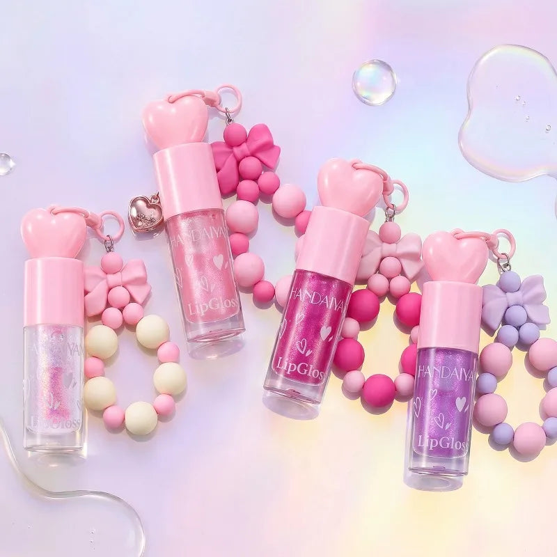 4 Colors Bowknot Bracelet Keychain Lip Oil, High Shine Hydrating Glitter LipGloss, Mirror Water Lip Glaze Non Sticky Lip Makeup Qme