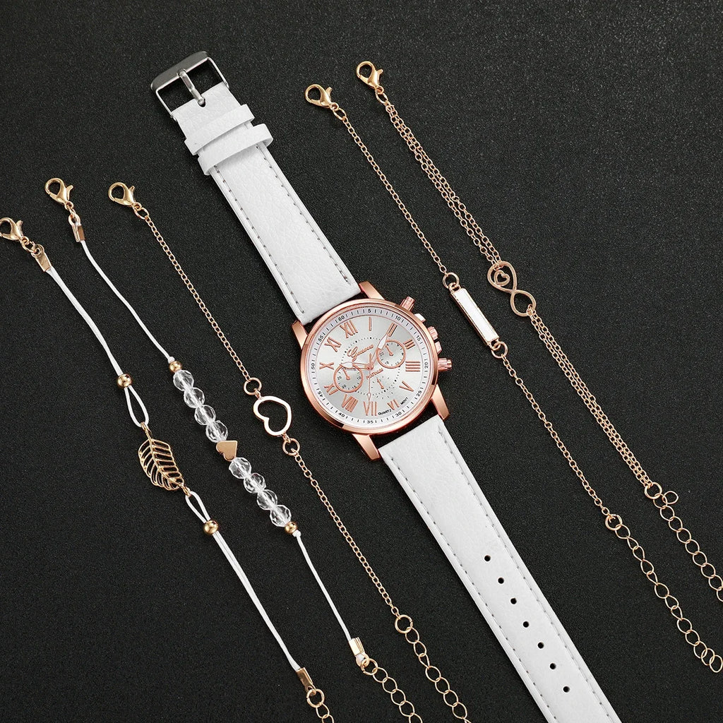 6 Pçs/set Relógio Feminino Moda Roma Dial Relógios de Quartzo Conjunto de Pulseiras (Sem Caixa) Qme