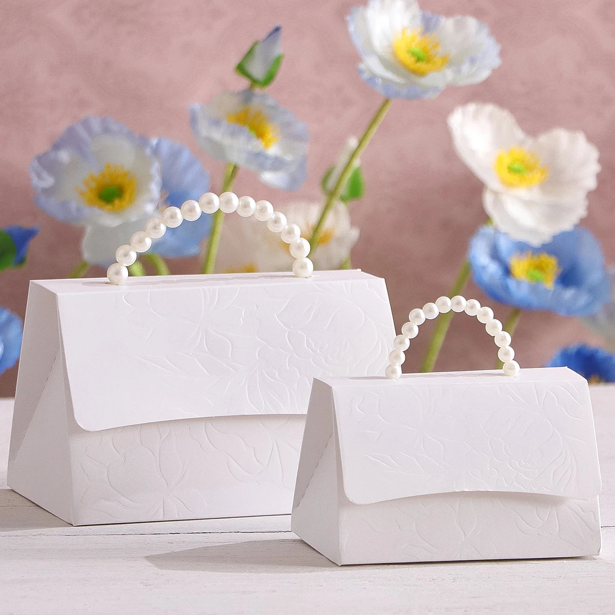 Set of 5 Luxurious Wedding Mini Gift Boxes with Letterpress Floral Design and Simulated Pearl Handles, Elegant Gift Boxes for Us Qme L-White-5Pcs Other Other