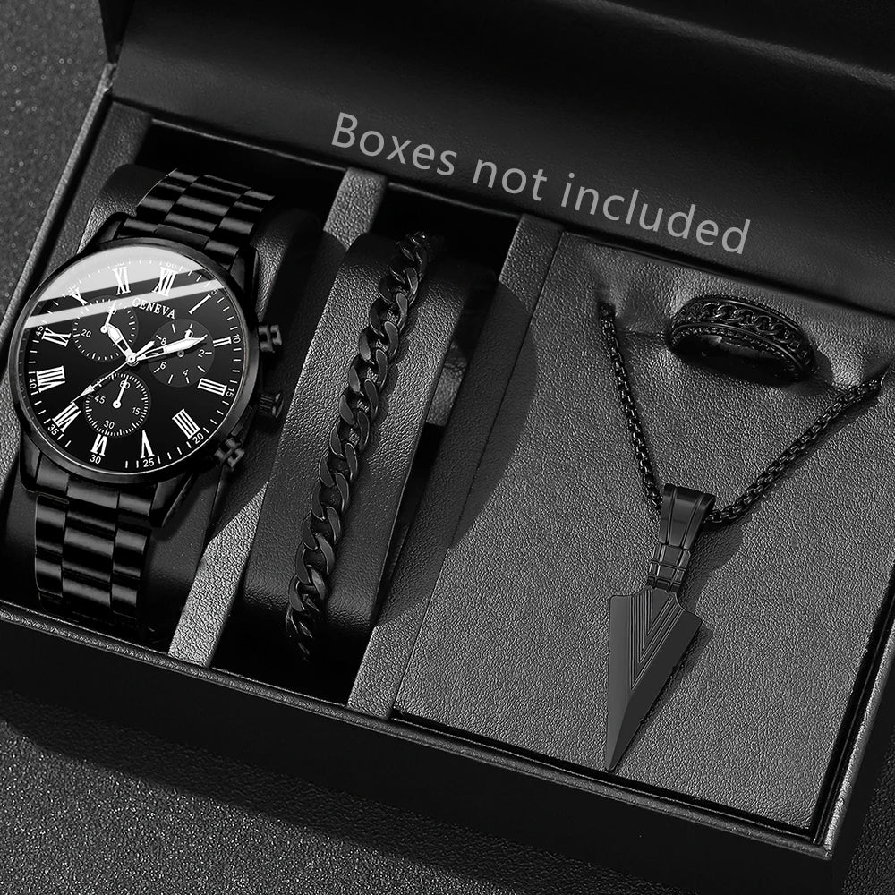 4PCS Black Men's Watch Set Business Trend Fashion Roman Digital Scale Dial Quartz Watch Bracelet Necklace Ring Set Perfect Gift Qme black