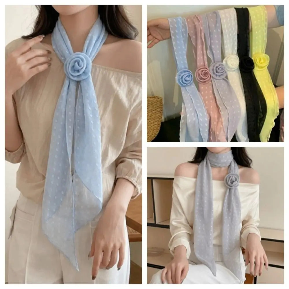 Bow Ties Polka Dots Scarf Thin Cravat Flower Long Silk Scarf Hair Band Narrow Long Ribbon Scarves Qme