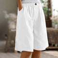 Female Fashion Solid Color Elastic High Waist Pocket Button Up Loose Cotton Linen Five Length Shorts Summer Soft Comfort Pants Qme White S