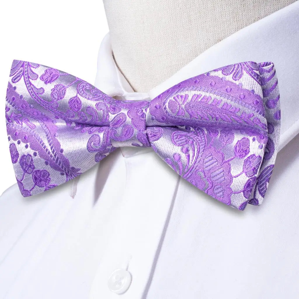 Purple Lilac Lavender Pansy Violet Silk Mens Bow Tie Hanky Cuffs Set Pre-tied Butterfly Knot Bowtie for Male Wedding Business Qme