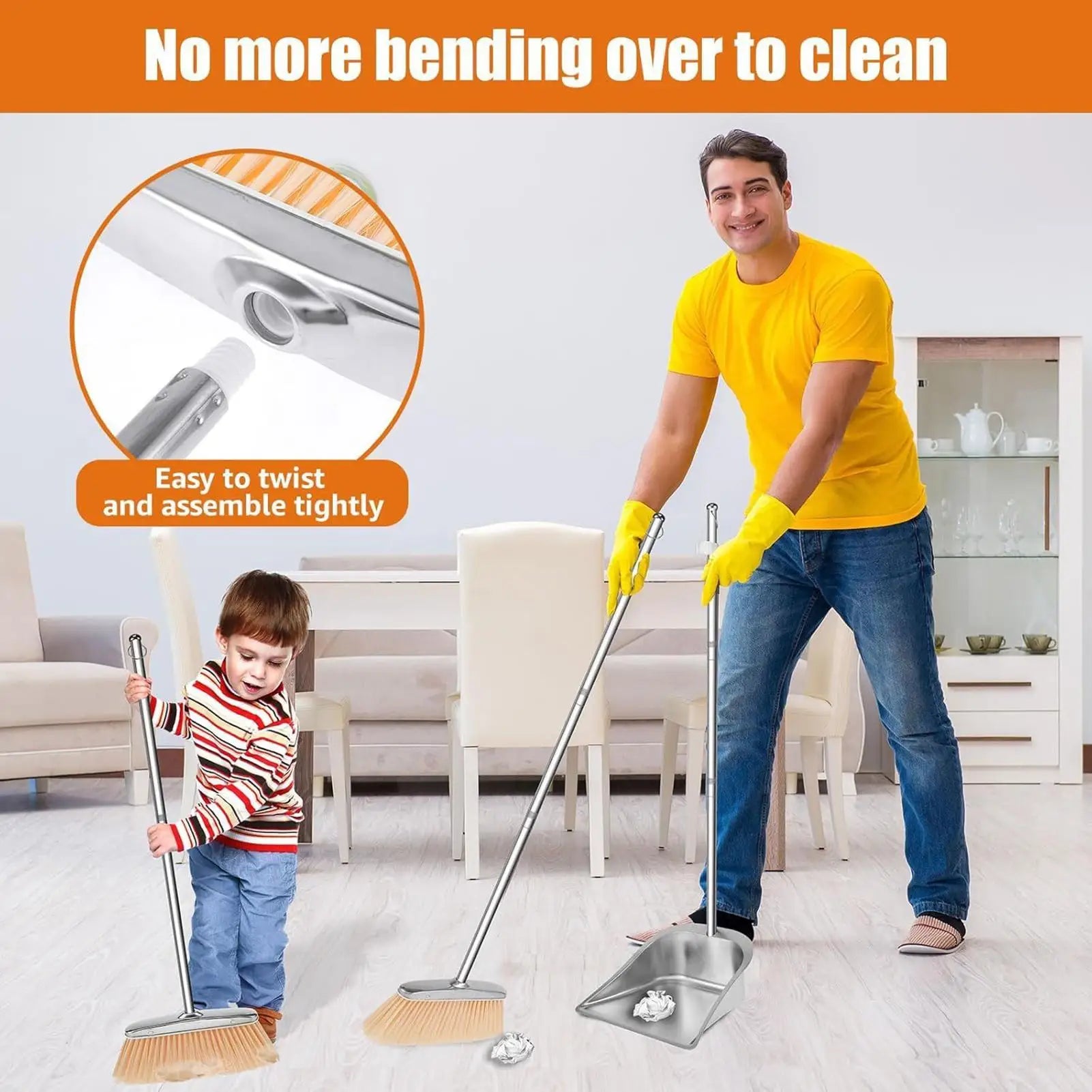 Broom With Dustpan Combo Set Stainless Steel Dustpan Stainless Steel Floor Cleaning Tool For Homeowners Living Room Bedroom Qme