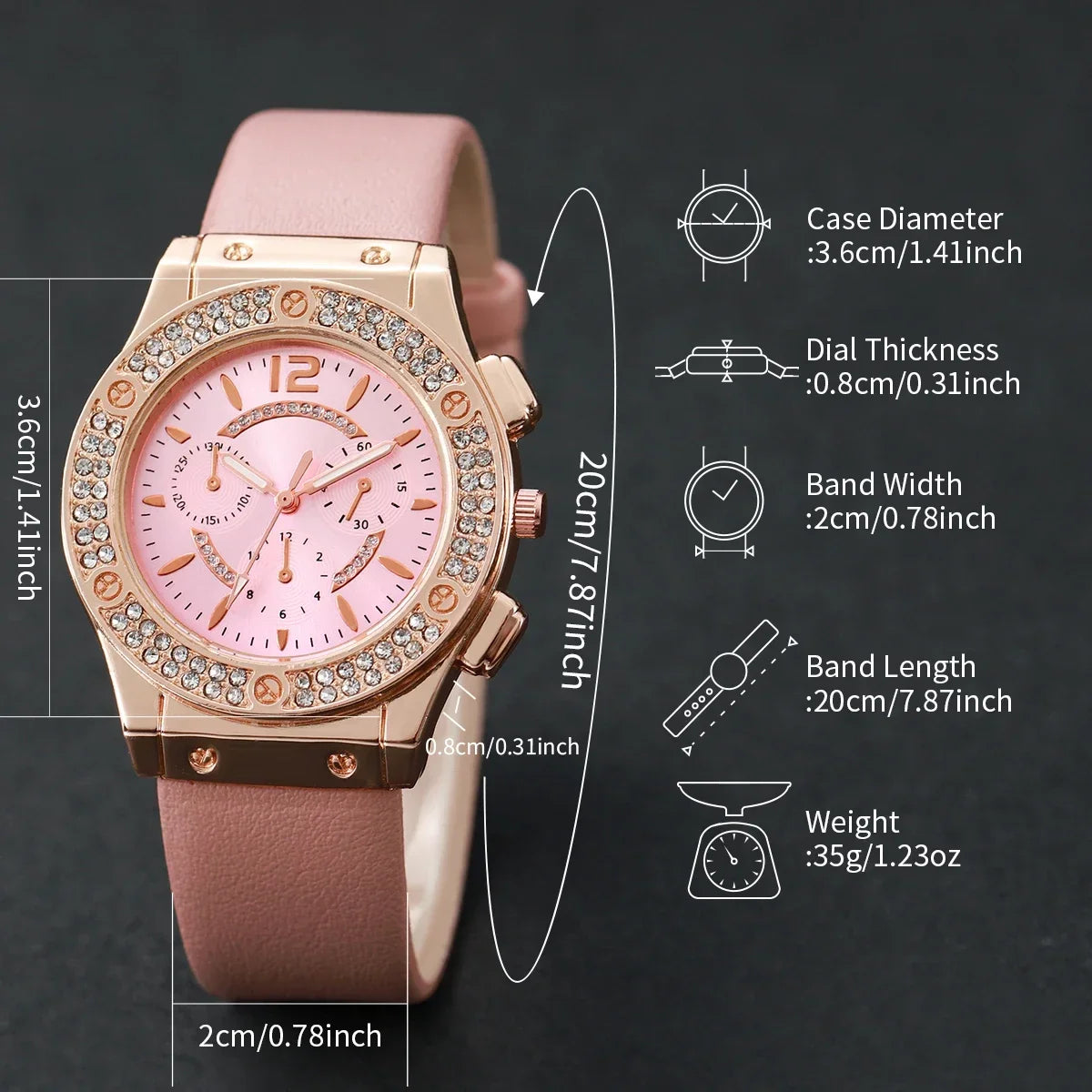 6PCS/Set Fashion Rhinestone Women's Watch Leather Band Analog Quartz Watches Heart Jewelry Set（Without Box） Qme