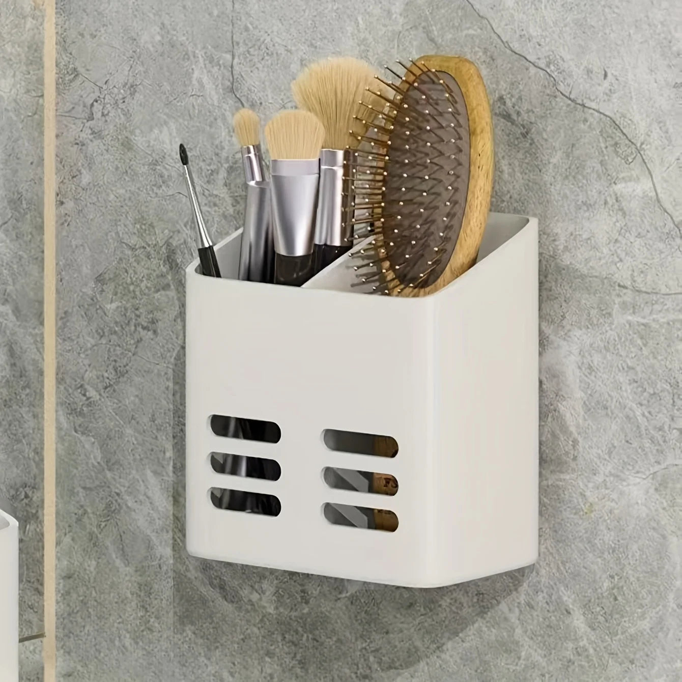 Wall-Mounted Plastic Organizer with Compartments for Pens, Makeup Brushes, Stationery, and Tools - Home Office Storage Solution Qme