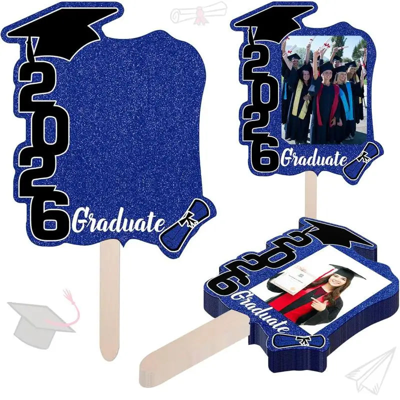 12Pcs Class Of 2026 Grad Photo Props Blank DIY Photo Frame Graduation Party Souvenirs Graduation Cutout Face Fans With Handle Qme Blue