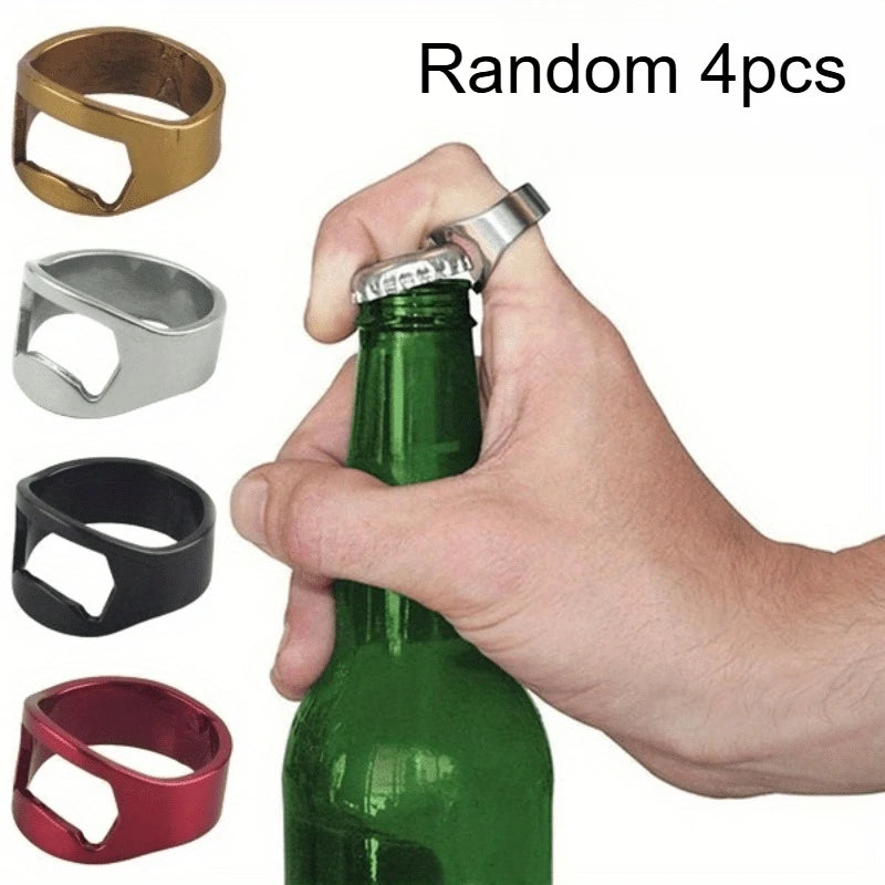 Beer Bottle Opener Rings, Stainless Steel Bottle Opener Beer Opener Ring Finger Ring Beer Bottle Opener for Party Supplies ﻿ Qme Random 4pcs