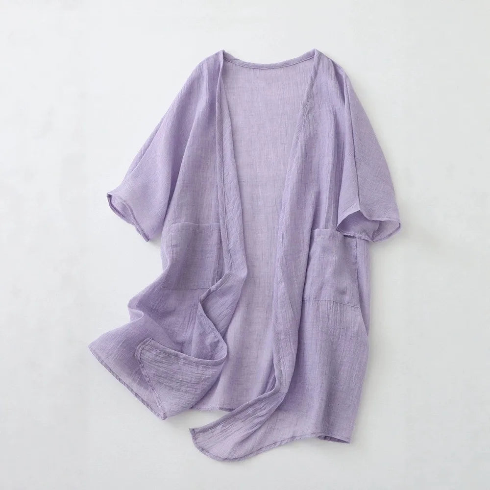 Solid Short Sleeved Linen Cardigan Loose Front Opening Summer Shirt Qme
