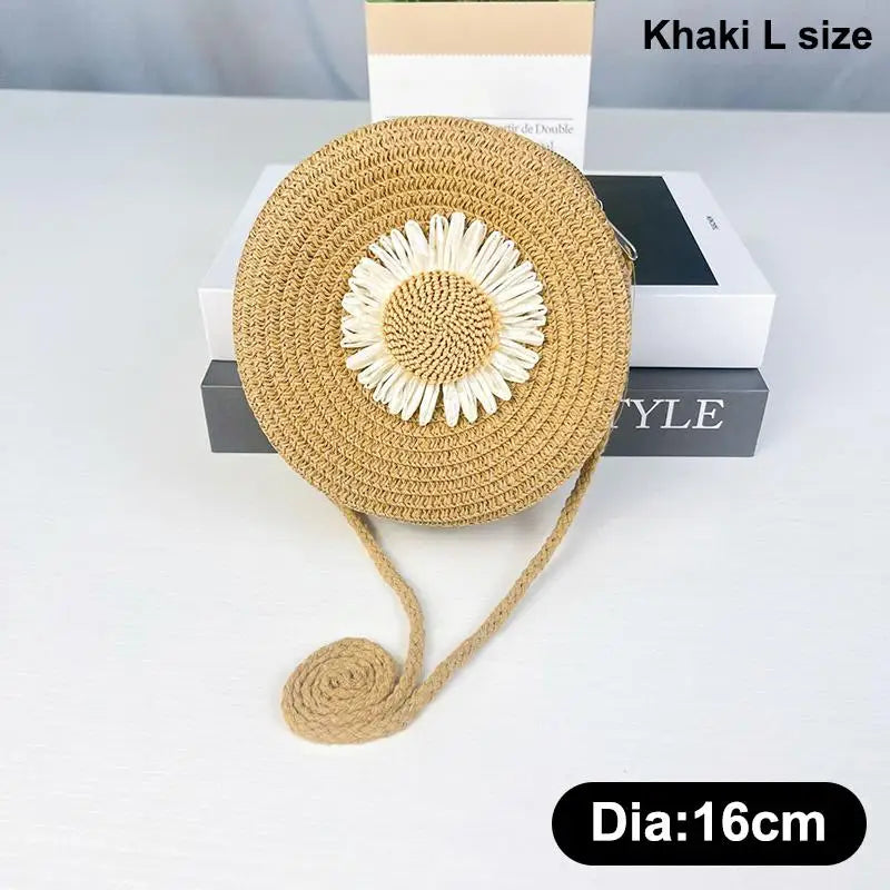 Floral Circle Straw Crossbody Bag: Vintage Mini Shoulder Purse with Graphic Decor for Women's Summer Beach & Casual Outings Qme Khaki L