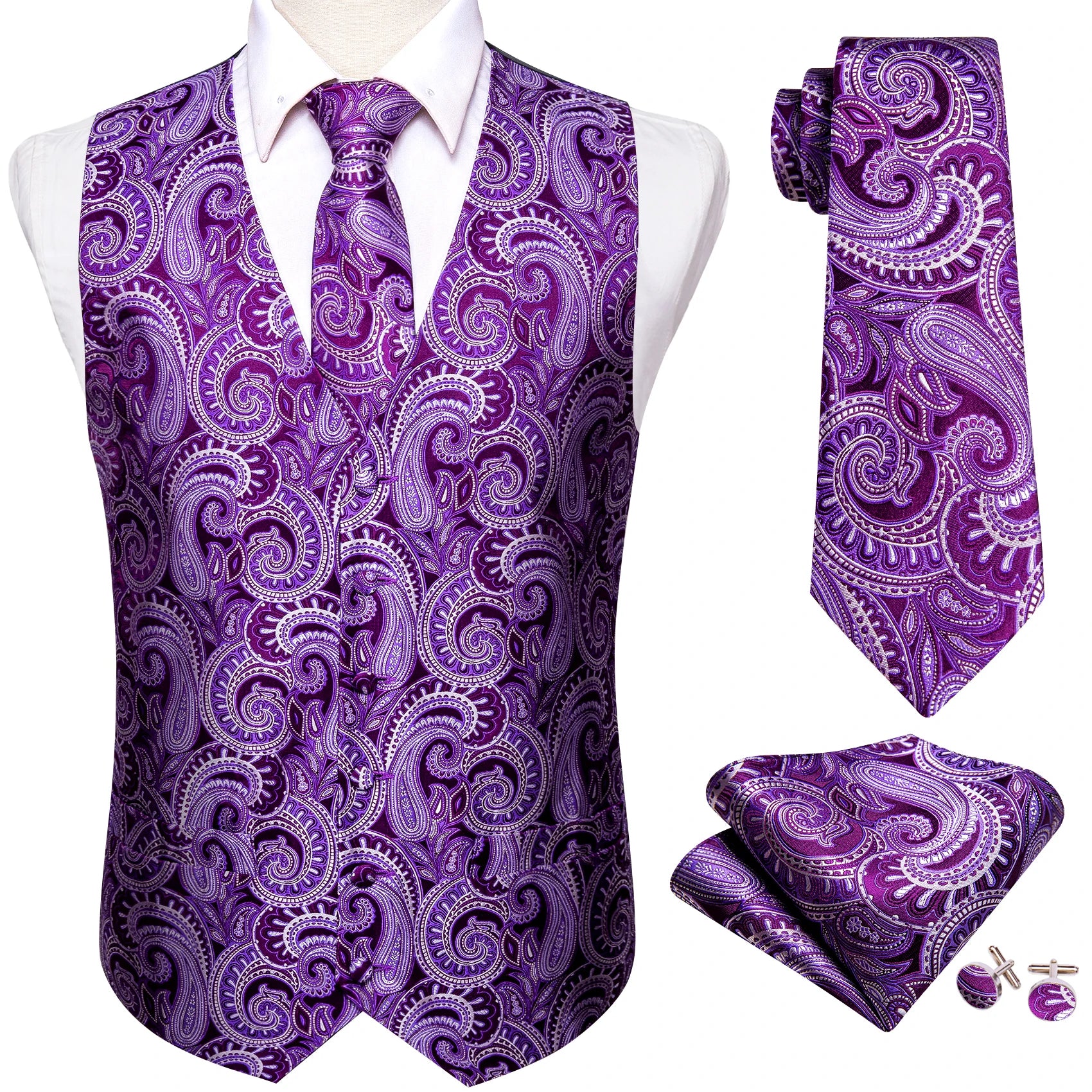 Men's Formal Black Purple Vest Tie Hanky Cufflinks Ideal Dress Qme MJTZ2009 XXXL