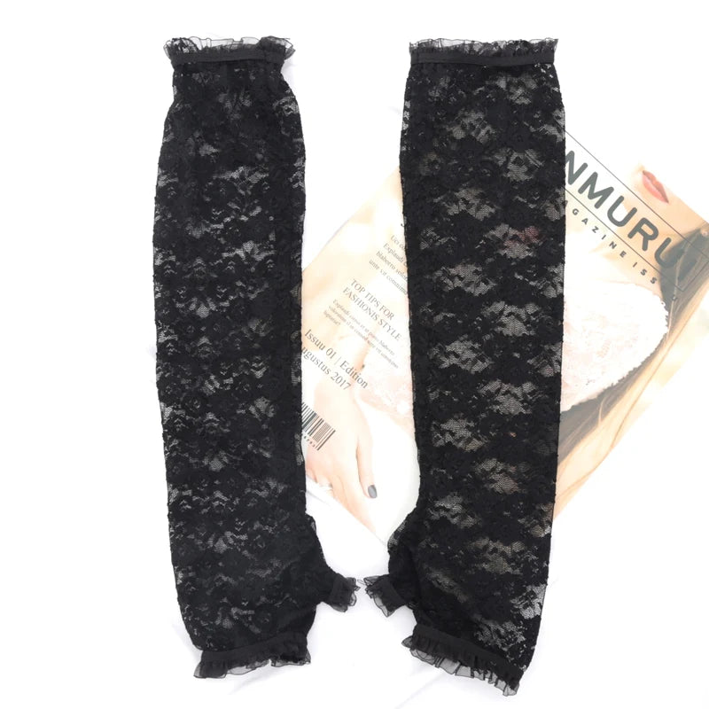 Women Lace Arm Cover Sleeve Fishnet Mittens UV Protection Cuffs Qme black length-40cm