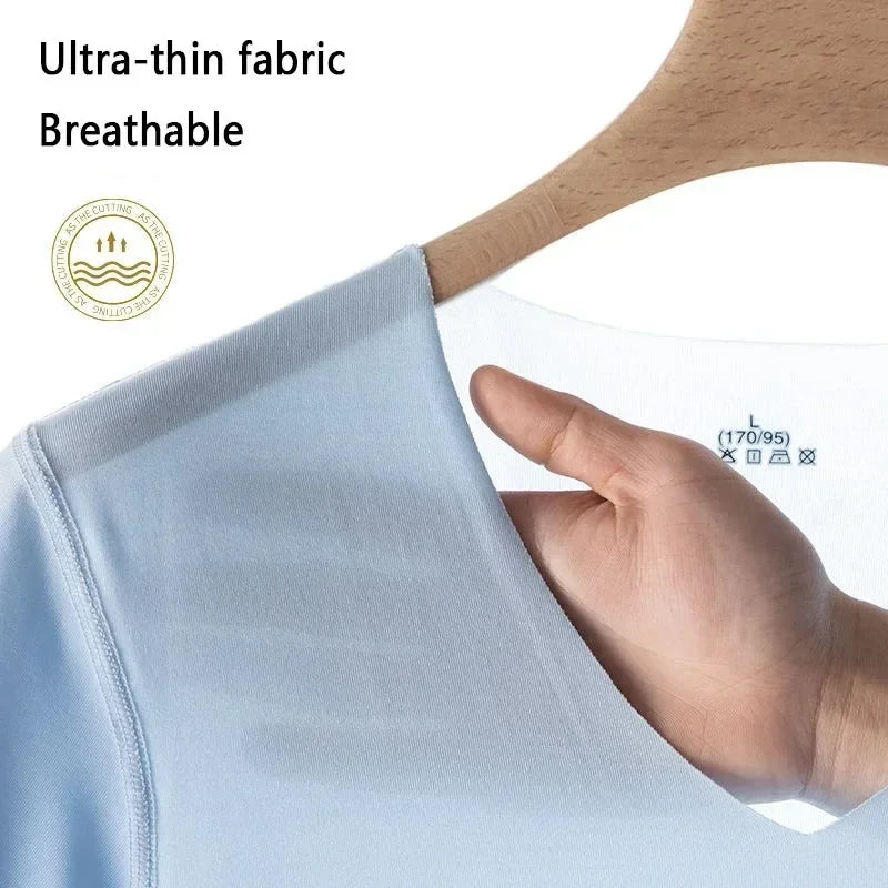 Men's Ice Silk Thin Cool Feeling V-Neck Large Size Men T-Shirt Short Sleeve Loose T-Shirt Solid Color for Male Tops Tees Qme