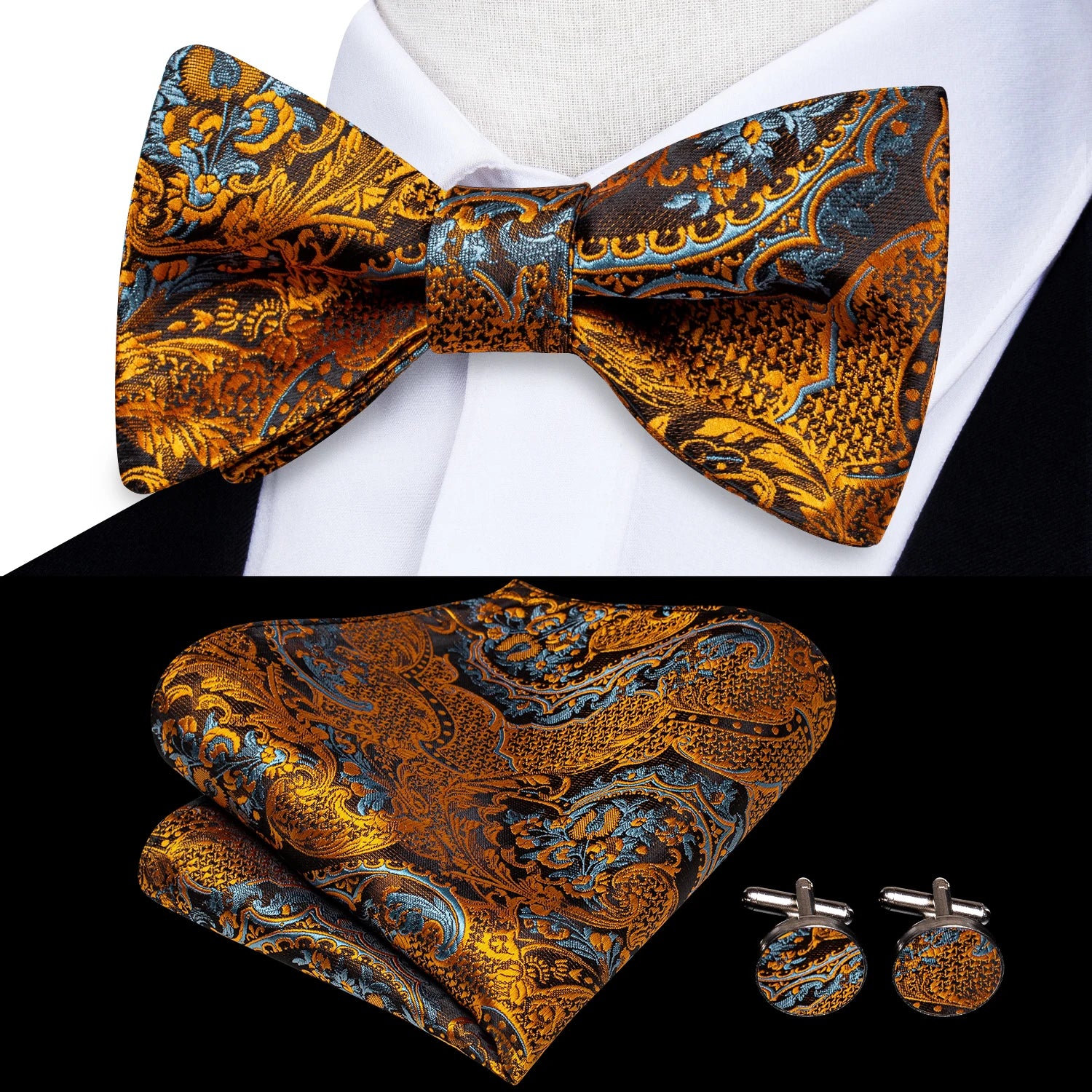 Hi-tie Silk Mens Self Bow Tie Hanky Cufflinks Blue Red Gold Black