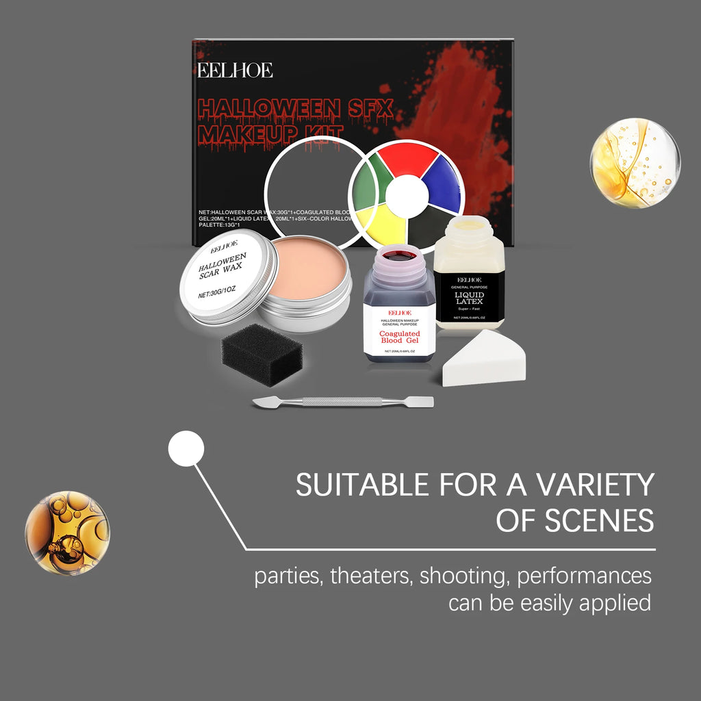 Halloween SFX Makeup Kit Scar Wax Coagulated Blood Gel Liquid Latex 6Color Palette Realistic Washable Special Effects Makeup Kit Qme