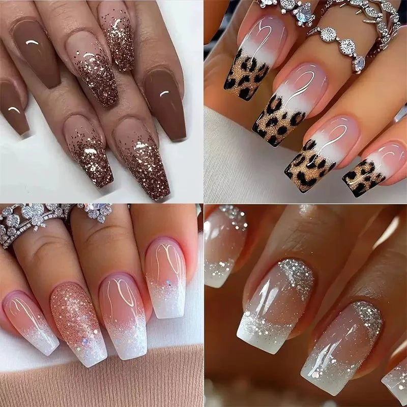 Silver square fake nails glitter inlay delicate and gorgeous simple and generous suitable with 1 Jelly Gel and 1 Nail File Qme
