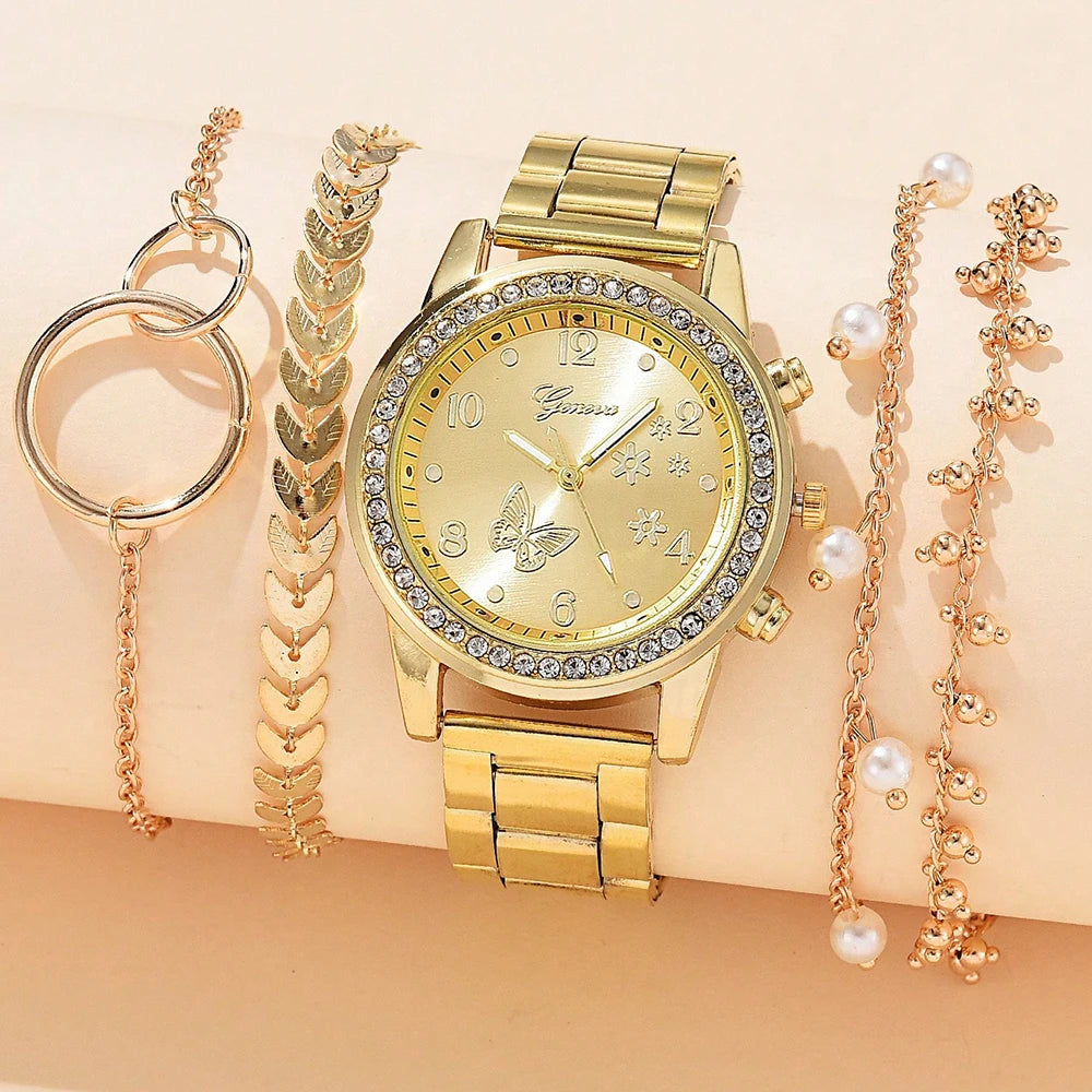 5PCS Quartz Watch Set Women Fashion Silver Round 3 Eyes Alloy Strap Wristwatch Gift Rhinestone Watch For Women Jewelry Set Qme