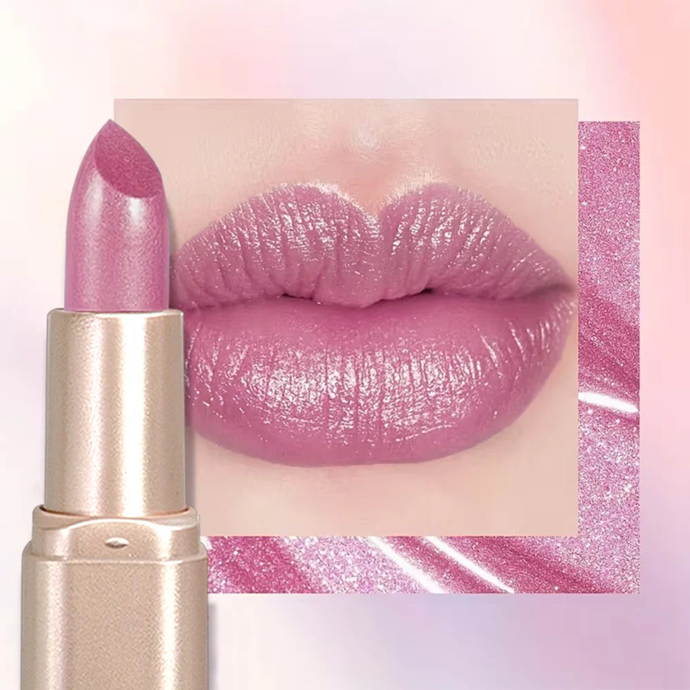 Glitter Pink Lipstick Pearlescent Shimmer Glow Rich Payoff Waterproof Qme