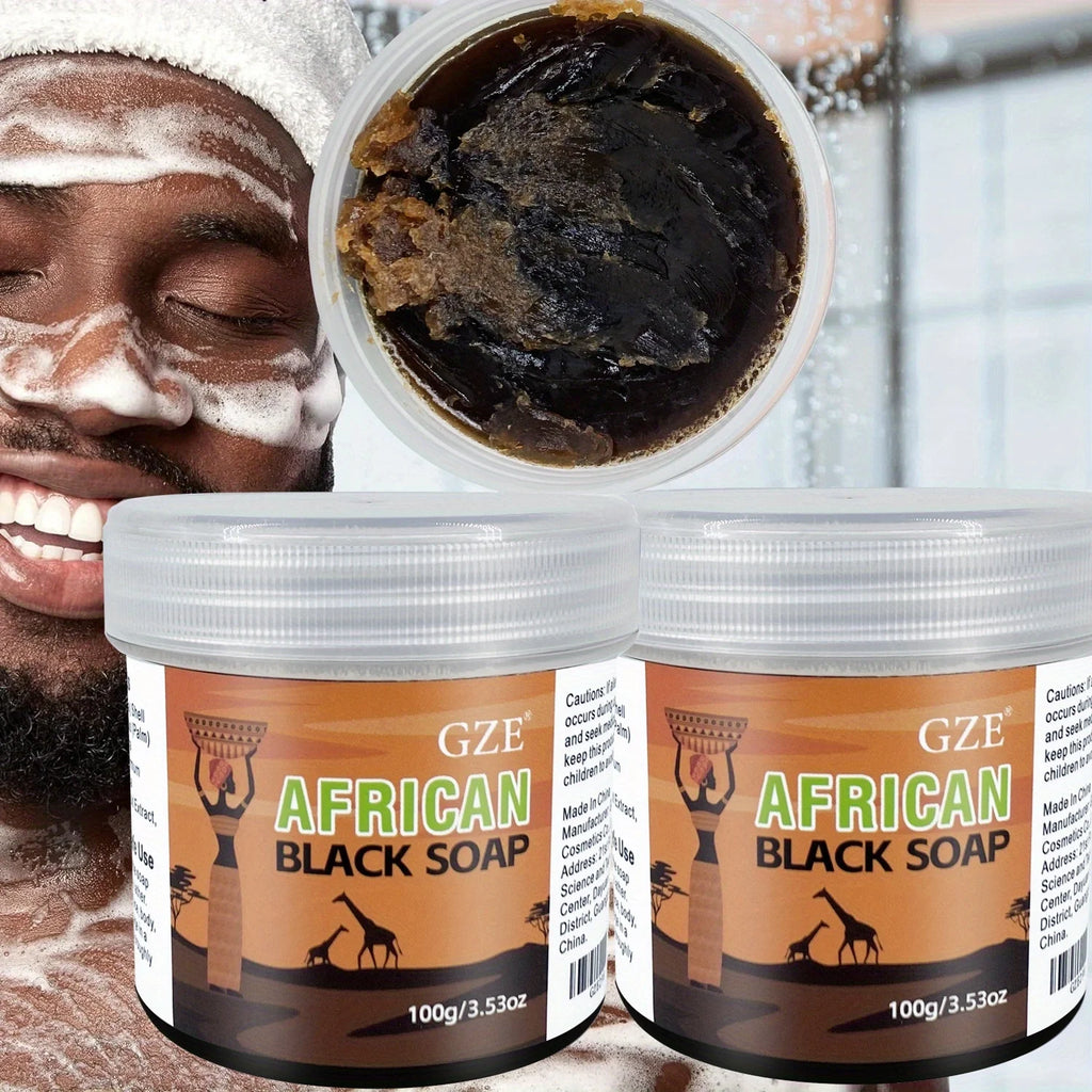 2 Pack GZE African Black Soap 3-in-1 Face, Hair, and Body Cleanser - Deeply Cleanses and Moisturizes Skin and Hair - Handmade Qme