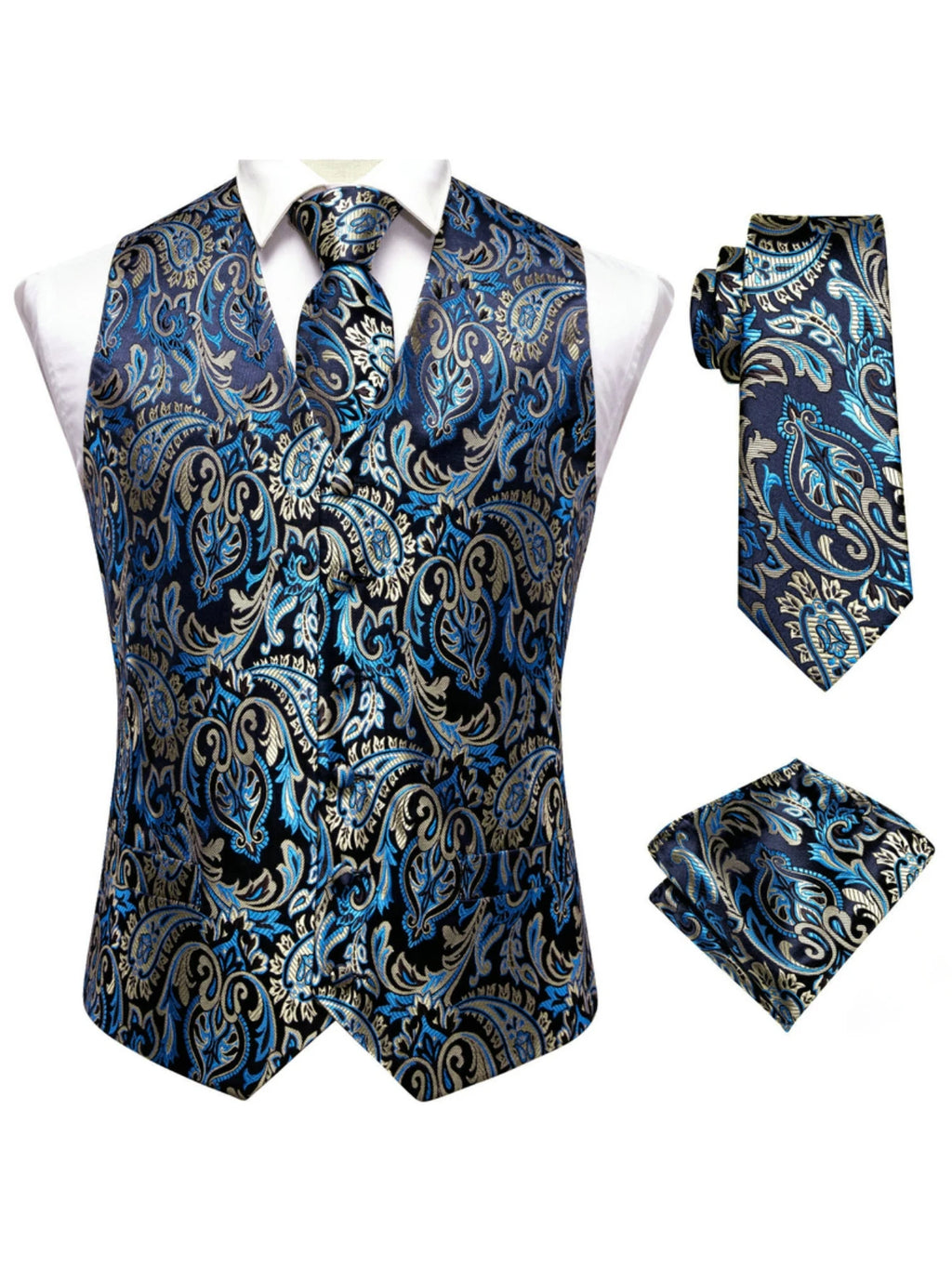 Blue Men Vest Three-Piece Suit Set, Dress Waistcoat with Tie and Pocket Square for Party Ceremony Qme