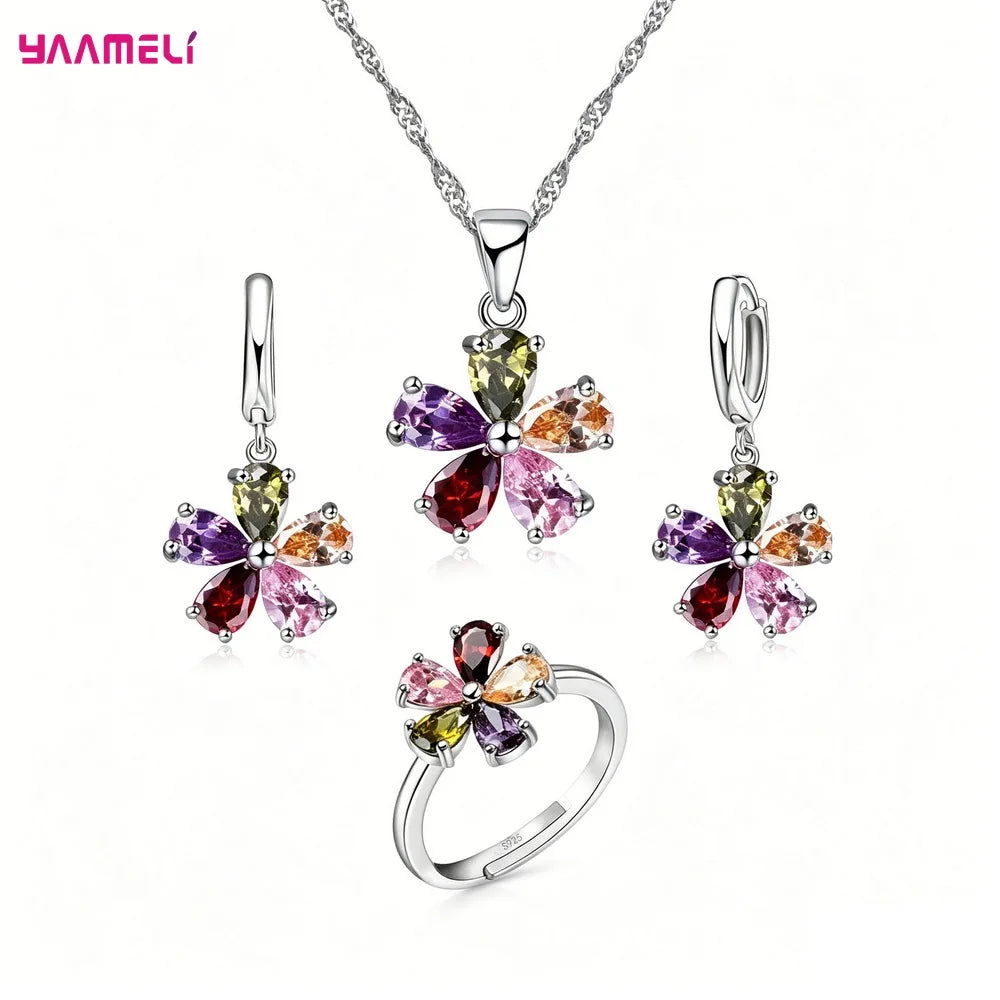 Pendant Necklace Hoop Earrings Ring Jewelry Set 925 Sterling Silver Color Austrian Colourful Crystal Lover Gift For Anniversary Qme