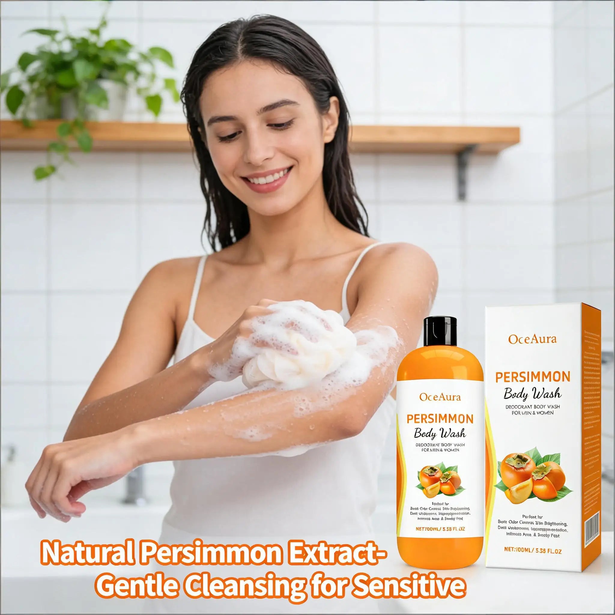 Persimmon Body Wash Mild Cleansing Exfoliating Nourishing Dry Skin Oil Control Improving Pigmentation for Men & Women Shower Gel Qme