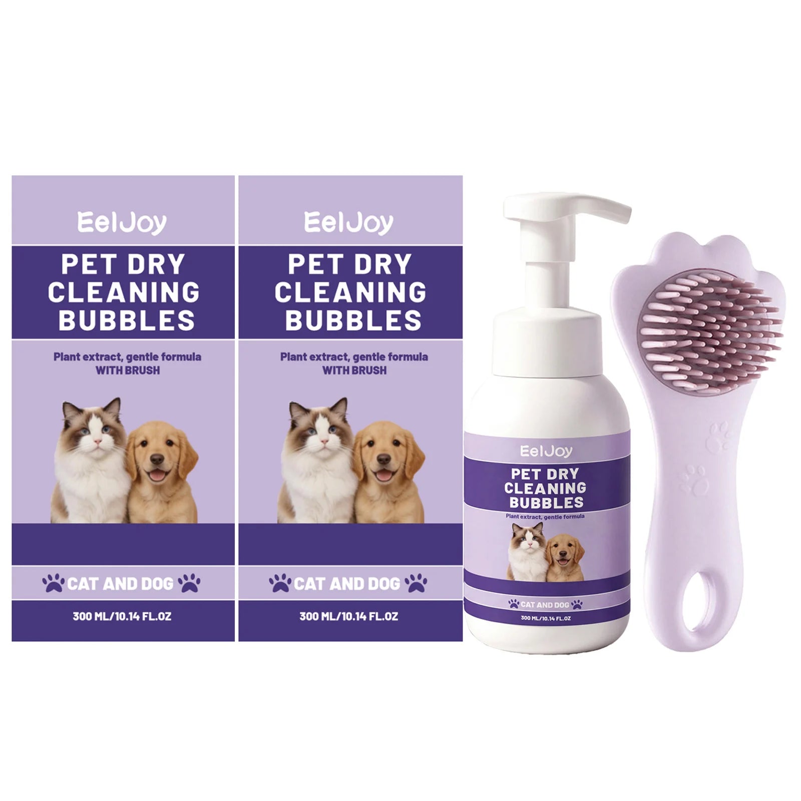 Pet Dry Cleaning Bubble Shampoo Kit Removing Stains Soothing Hair Eliminate Odor Long-Lasting Fragrance Dogs & Cats Foam Shampoo Qme 2 x 300ML Boxed