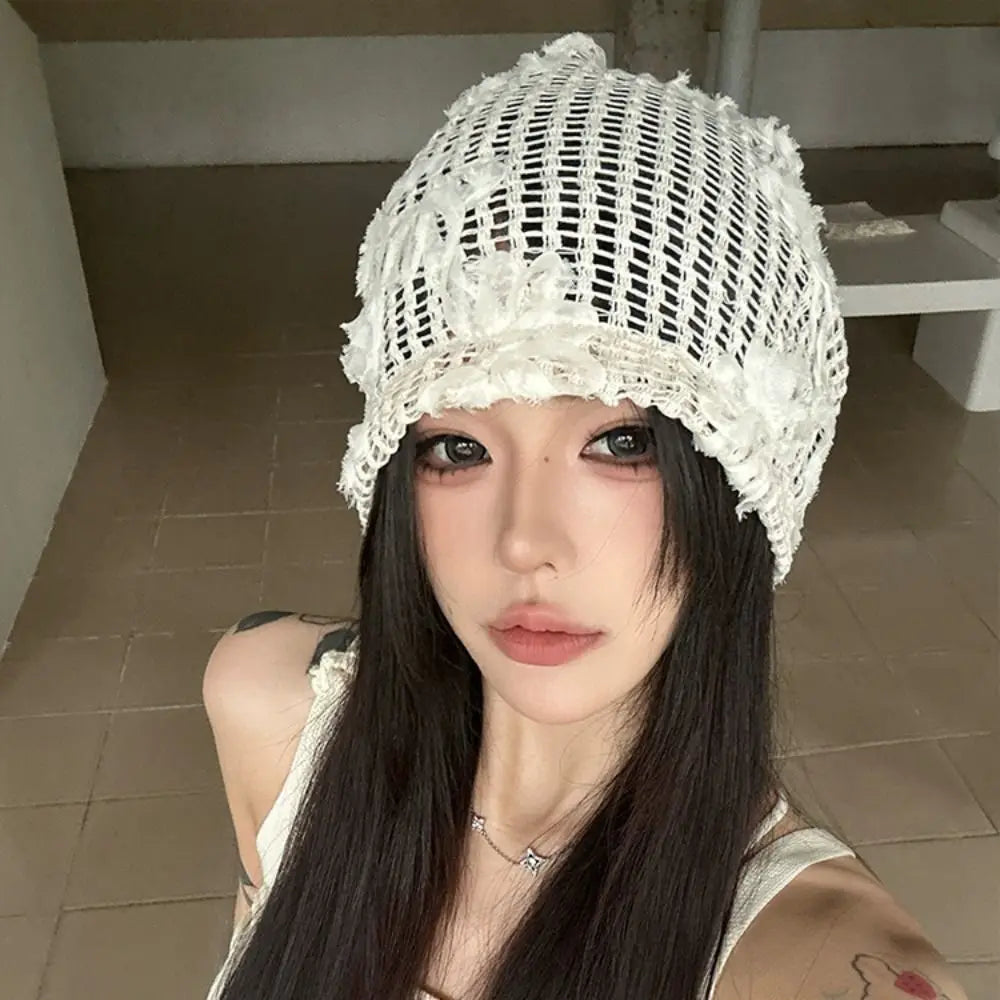 Retro Handmade Crochet Flower Hat Cute Thin Lace Beanies Korean Qme