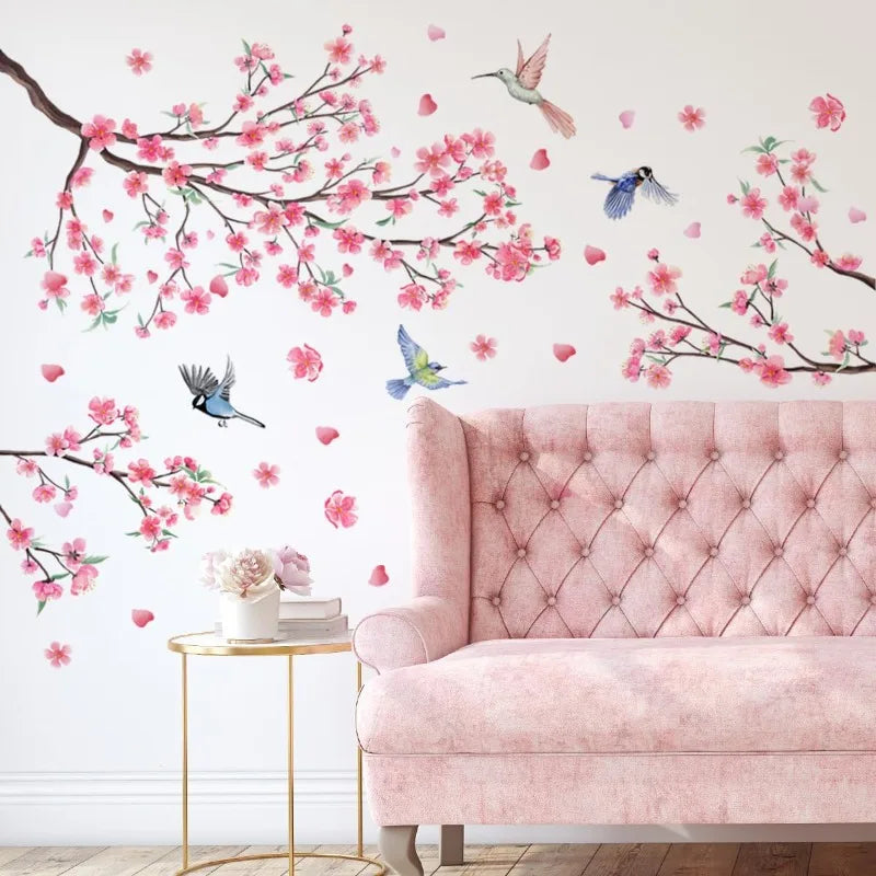 Large Cherry Blossom Wall Stickers Pink Flowers Tree Branch Birds Qme 2Pcs Cherry Blossom