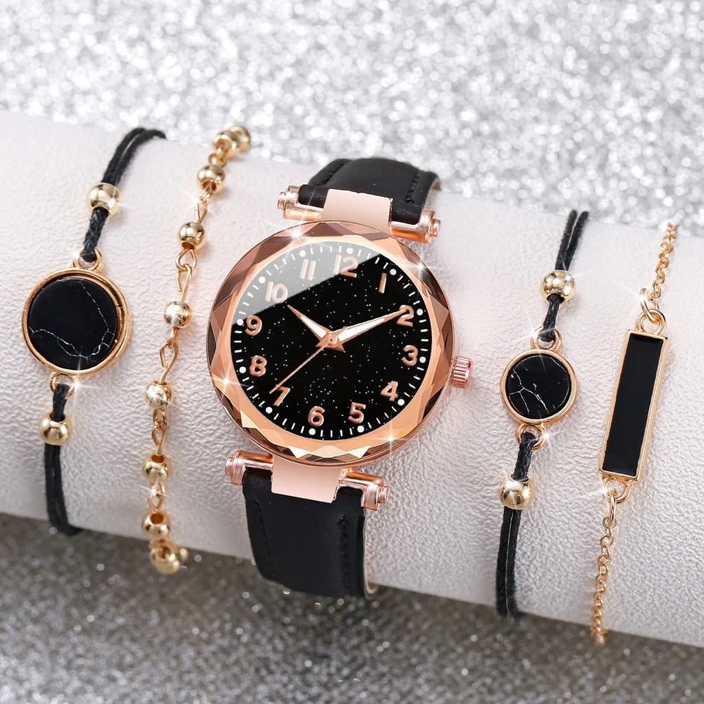 4Pcs Starry Sky Dial Watch Bracelet Set Women Black Leather Quartz Wristwatch Marble Charm Bracelets Jewelry Gift Qme Bronze
