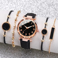 4Pcs Starry Sky Dial Watch Bracelet Set Women Black Leather Quartz Wristwatch Marble Charm Bracelets Jewelry Gift Qme Bronze