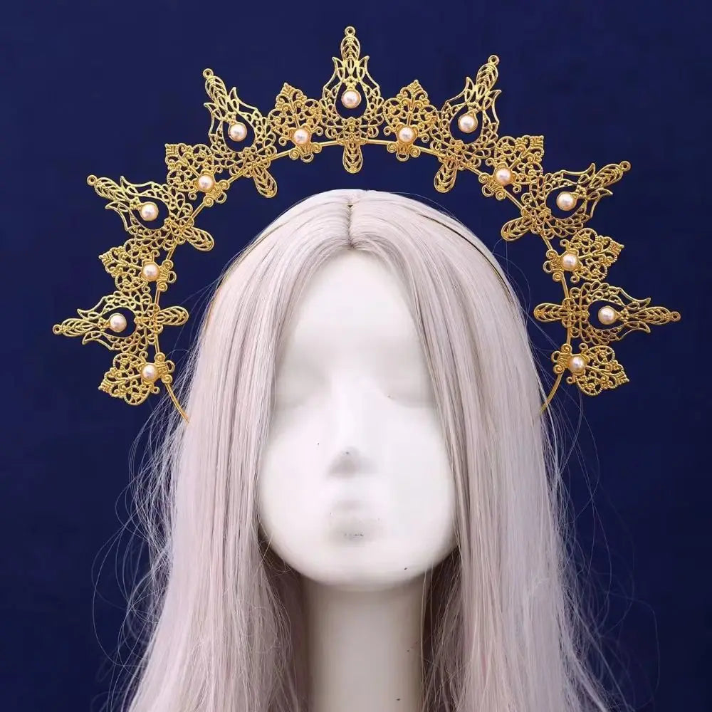Gothic Gold Plated Halo Crown Vintage Faux Pearl Inlaid Sun Goddess Qme