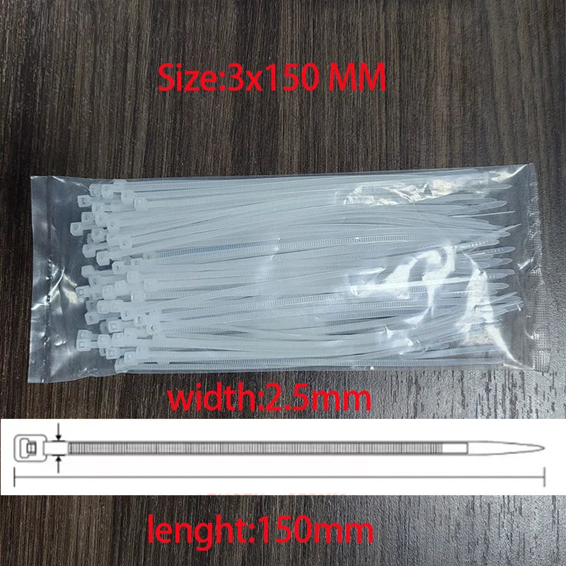 National Standard White PA66 Nylon Cable Ties 3x100 3x150 4x200 5x250mm Self Lock Wire Fastening Zip Tie Qme size-3x150mm 100PCS