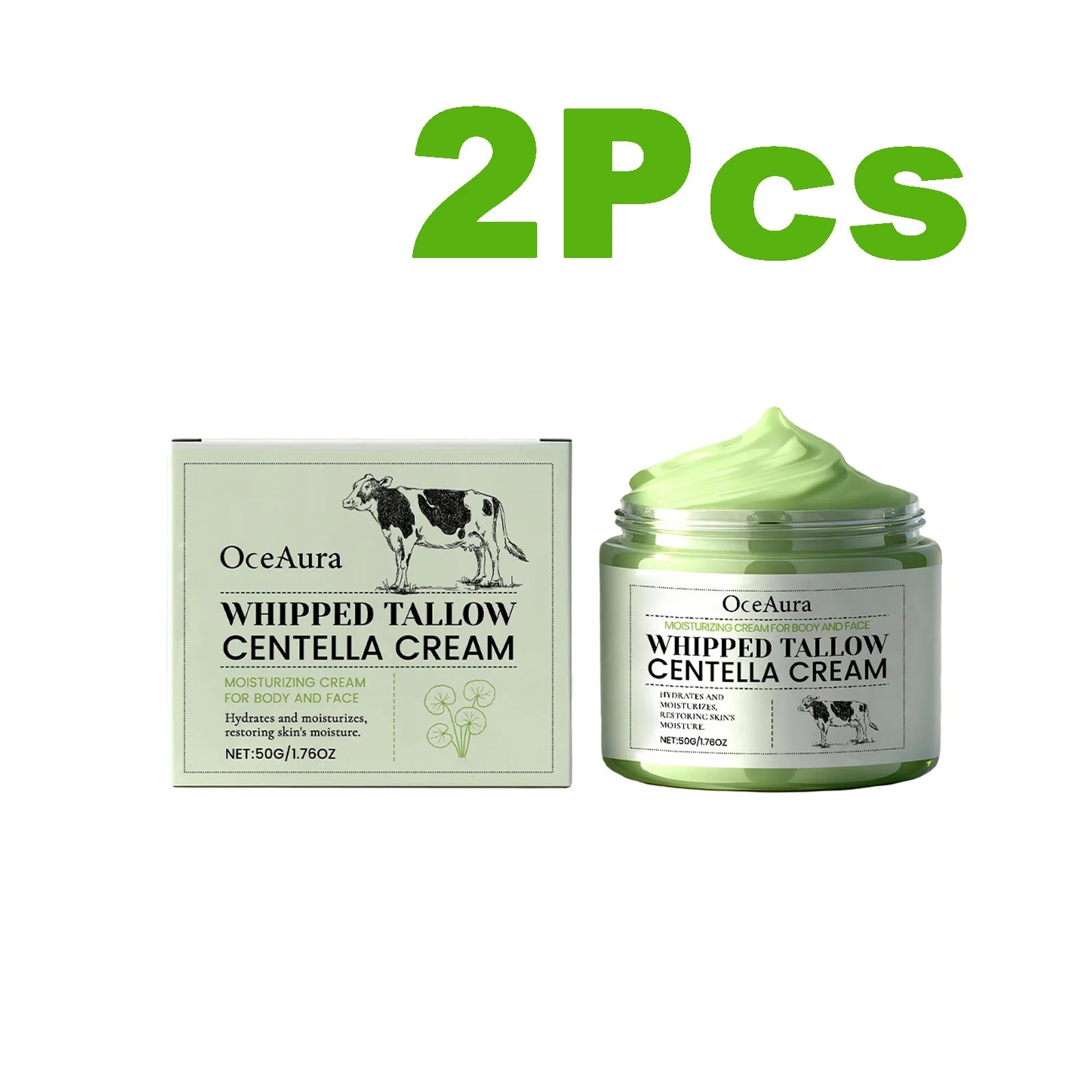 Whipped Tallow Centella Cream for Face & Body Soothing Hydrating Improves Elasticity Repair Moisturizer for Dry Sensitive Skin Qme 2 x 50g Boxed