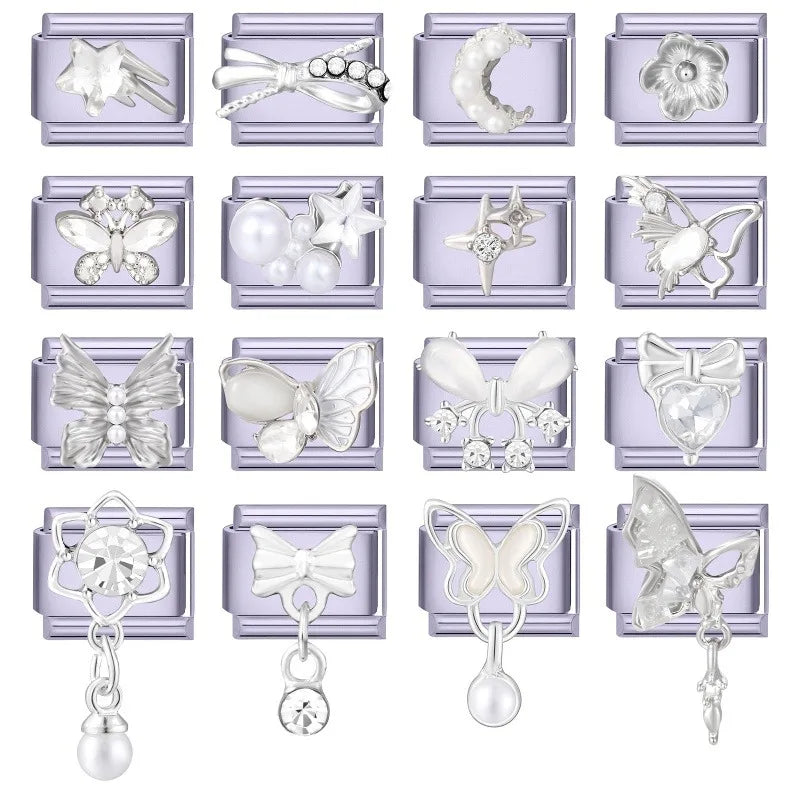 Shiny Zircon Butterfly Moon Stars Bow Purple Color Italian Charm Links Fit 9mm Stainless Steel Bracelet Women DIY Making Gift Qme