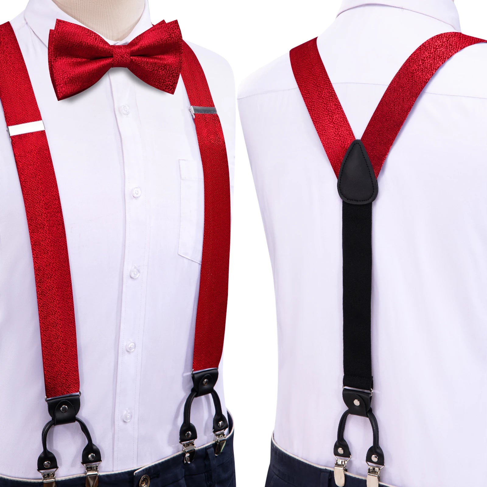 Hi-tie Silk Mens Braces Bowtie Hanky Cufflinks Y Back Clip Adjustable Qme BD-3196