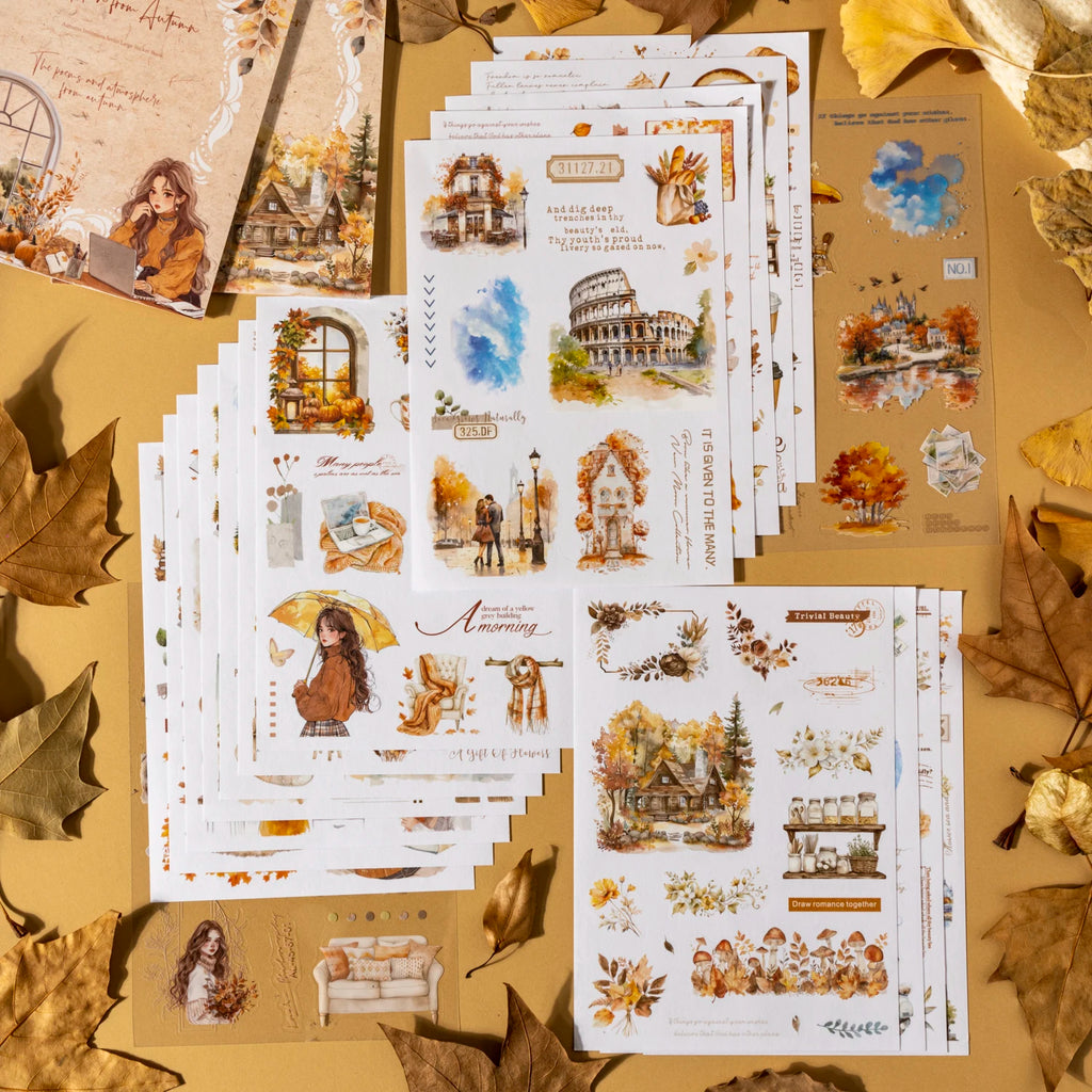 20sheets/bag Golden Autumn Daily Life Theme Die Cut Sticker Sheets for Scrapbooking DIY Frame Collage Decoration Laptop Qme