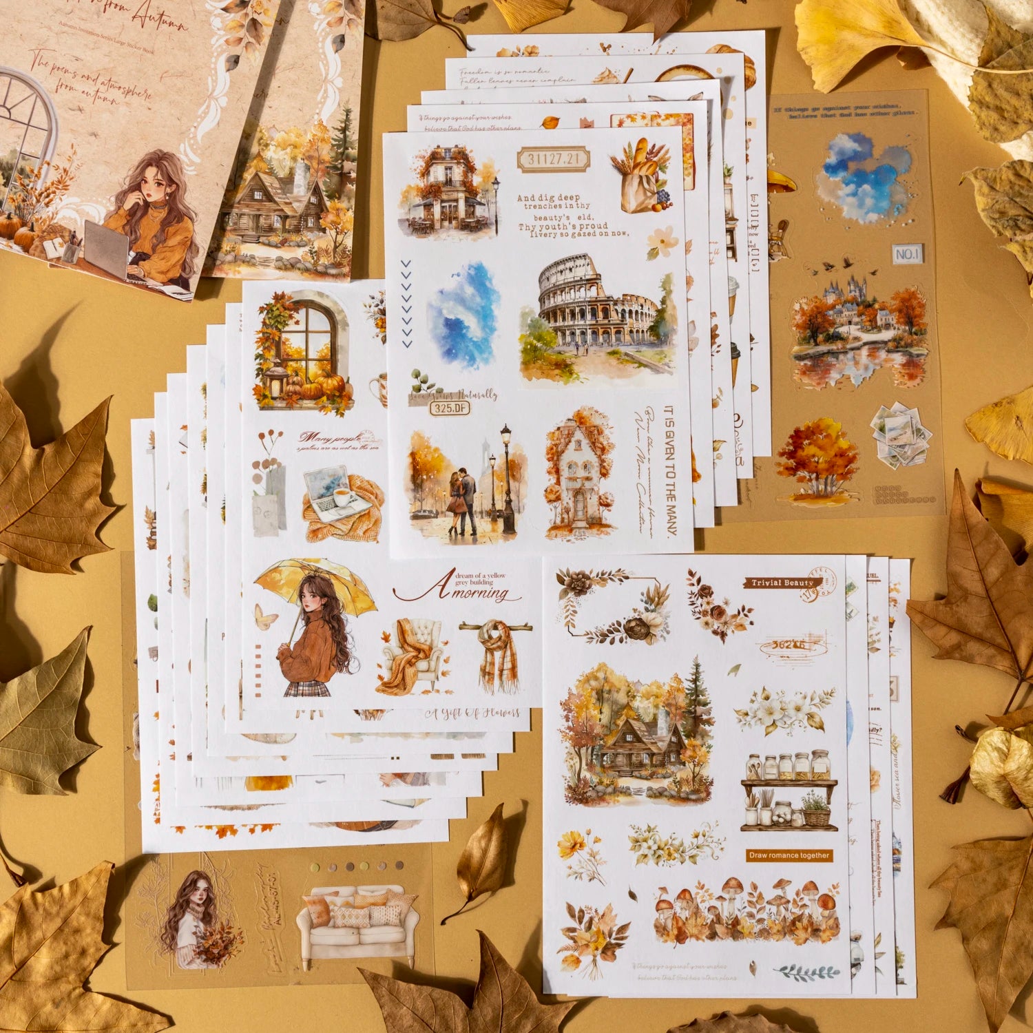 20sheets/bag Golden Autumn Daily Life Theme Die Cut Sticker Sheets for Scrapbooking DIY Frame Collage Decoration Laptop Qme