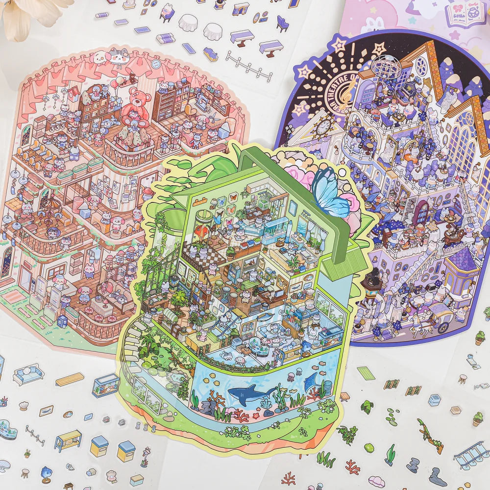 Plus Size 3D Cartoon Castle Town Landscape Sticker Scene DIY Toy Game Scrapbook Sticker Festival Birthday Gift for Kid Child Qme