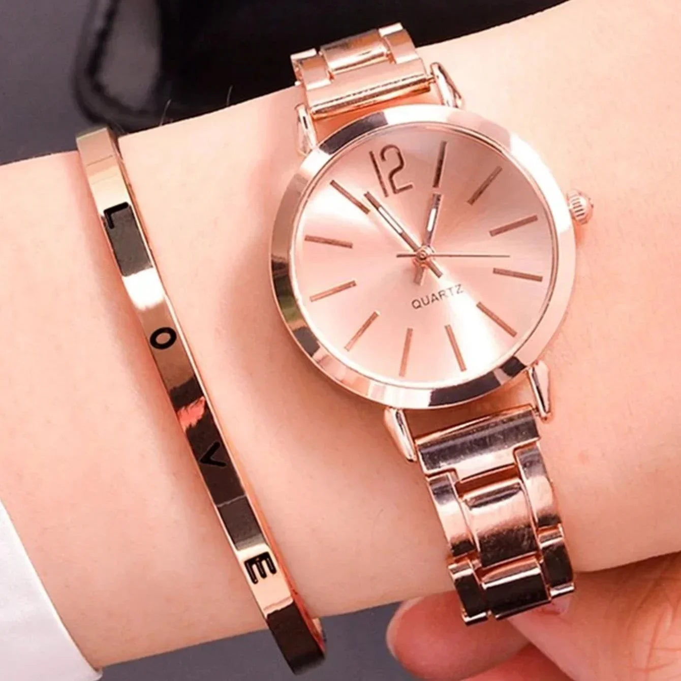 Ladies Fashion Simple Digital Alloy With Quartz Watch LOVE Bracelet 2pcs Set Qme Bronze